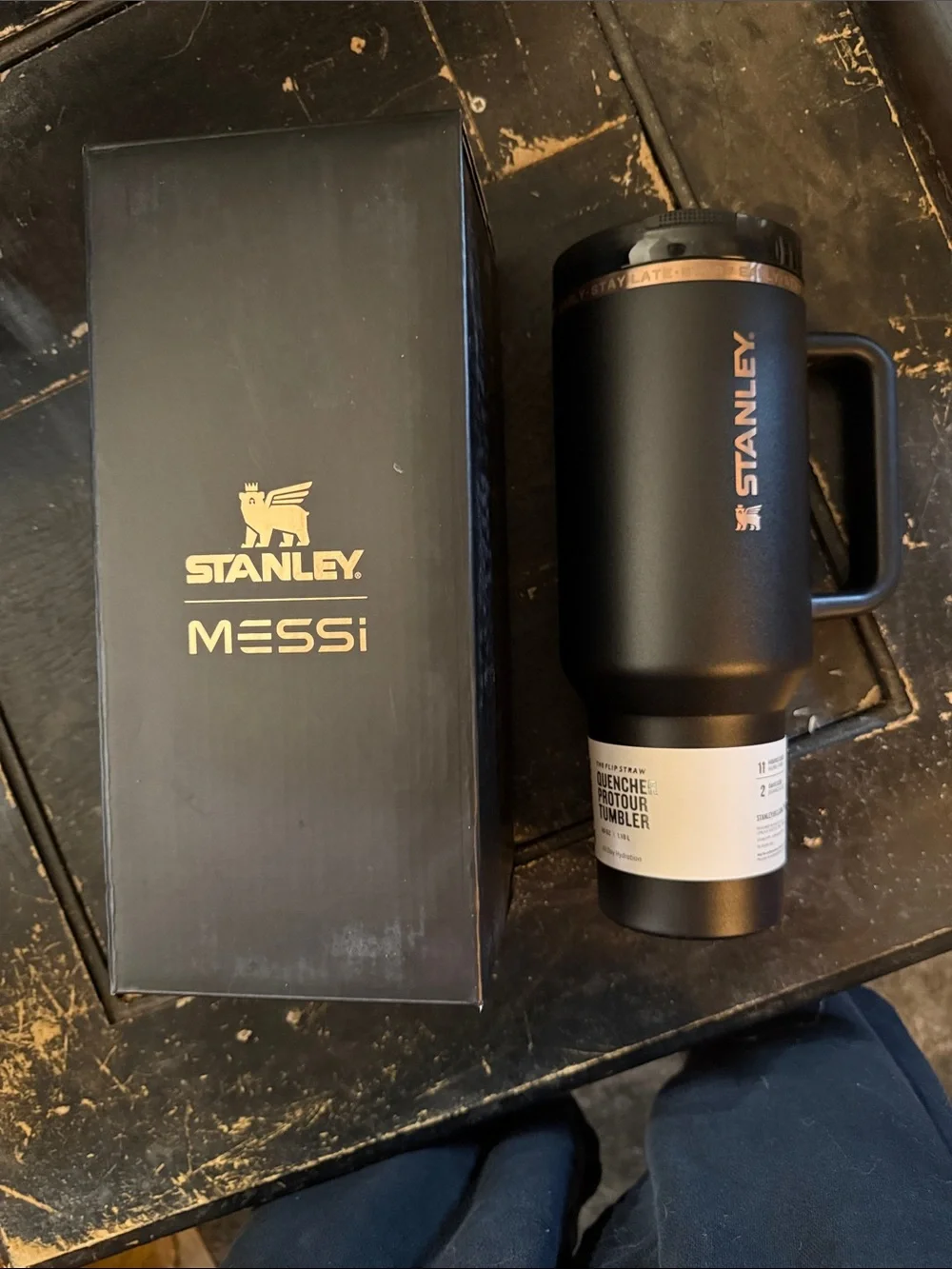 Stanley 40oz Messi Black Tumbler with Gold Logo and Handle